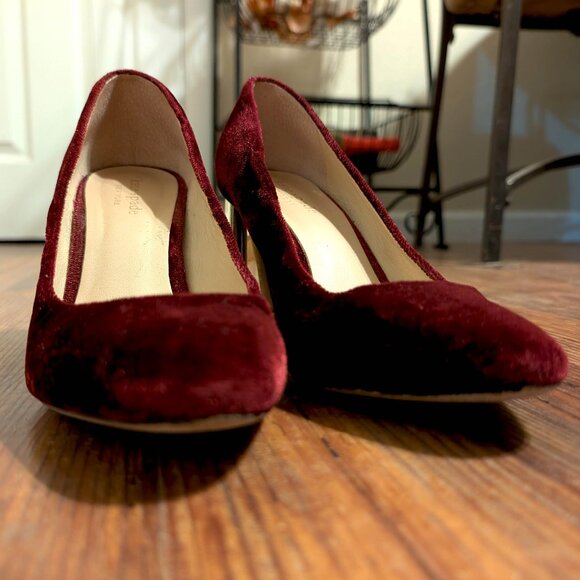Kate Spade Sybil Burgundy Velvet Pumps with Rhinestone Block Heels Vero Cuoio - Picture 8 of 14